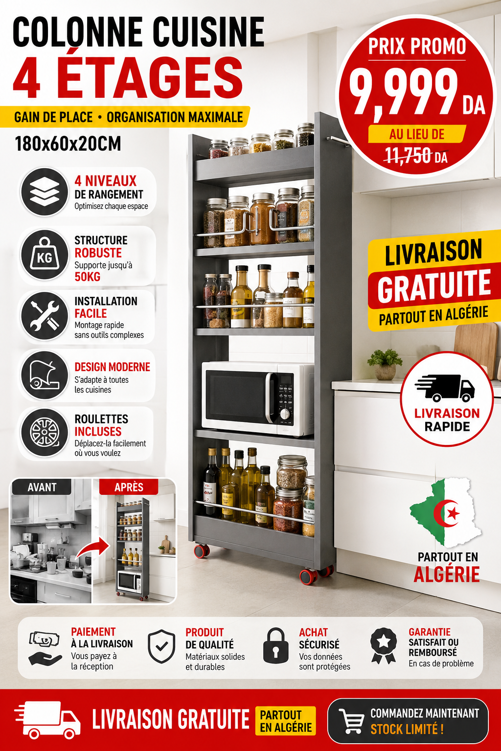 Colonne Organisation Cuisine (4)Etages🔥 ✅135×60×20 رف مطبخ