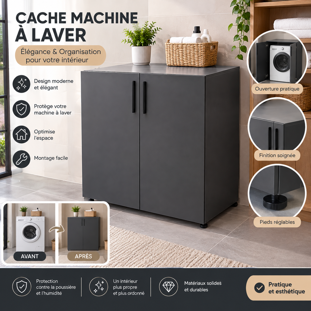 غطاء آلة الغسيل🔥Meuble Machine à laver Solide WashSpace 2✅+Porte 90x60x90cm