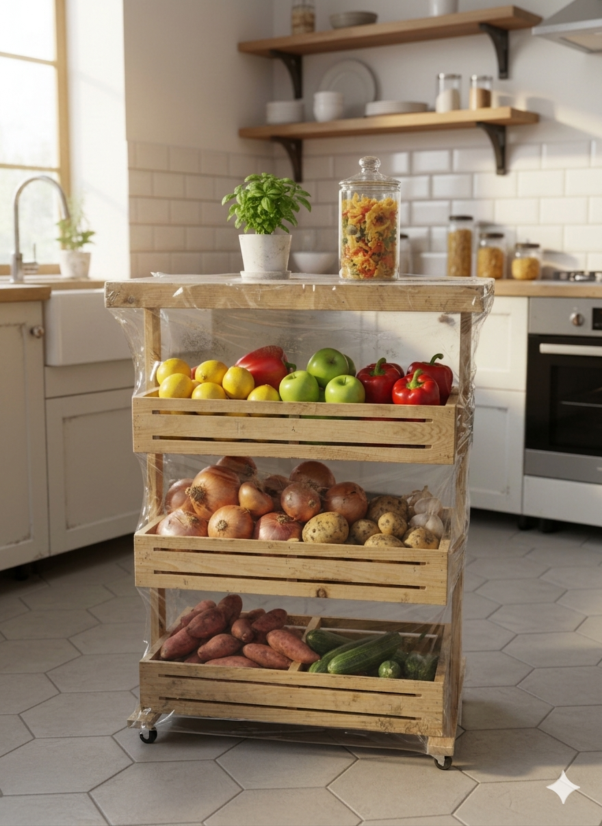Chariot Légumes Doublè (6) BAG 92X62X32 CM BOIS ROUGE  / عربة خضروات خشب أحمر برو 6