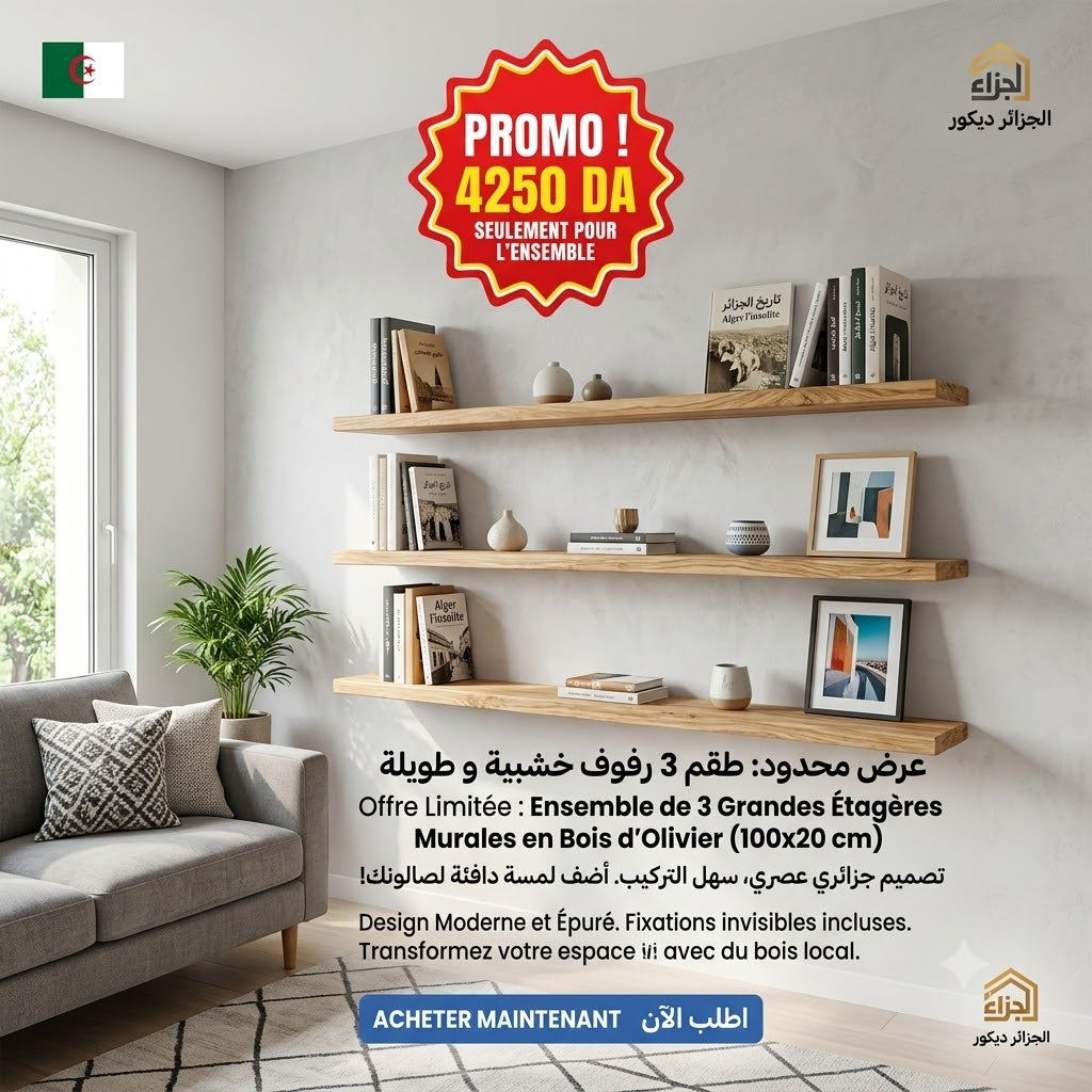 Pack 3 Étagères Murales Solides 100x20cm / 3 رفوف جدارية متينة 100x20سم